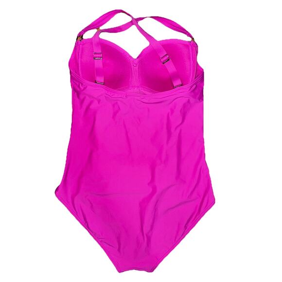 DKNY One Piece Pink Large Swimsuit Ruched Tummy Slimming Crossback Padded Bra - Picture 2 of 10